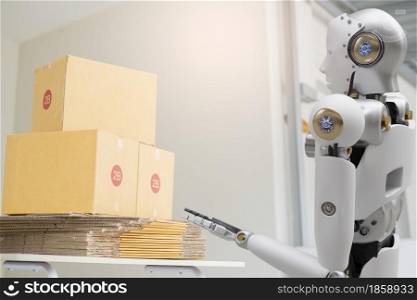 Robot cyber future futuristic humanoid hold box product technology engineering device check, for industry inspection inspector transport maintenance robot service technology
