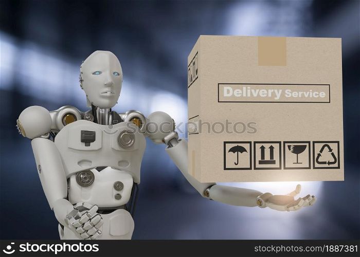 Robot cyber future futuristic humanoid hold box product technology engineering device check, for industry inspection inspector transport maintenance robot service technology 3D rendering