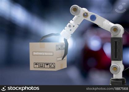 Robot cyber future futuristic humanoid hold box product technology engineering device check, for industry inspection inspector transport maintenance robot service technology 3D rendering