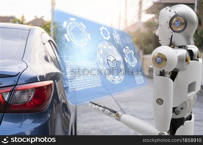 Robot cyber future futuristic humanoid with auto, automobile, automotive car check, for fix in garage industry so inspection, inspector insurance maintenance mechanic repair robot service technology