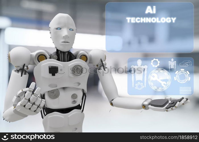 Robot cyber future futuristic humanoid with auto, automobile, automotive car check, for fix in garage industry so inspection, inspector insurance maintenance mechanic repair robot service technology