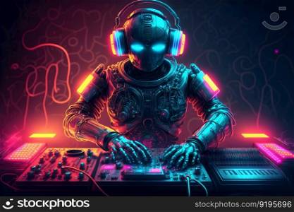 Robot disc jockey at the dj mixer and turntable plays nightclub during party. EDM entertainment party concept. Neural network AI generated art. Robot disc jockey at the dj mixer and turntable plays nightclub during party. EDM entertainment party concept. Neural network generated art