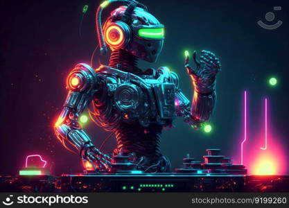 Robot disc jockey at the dj mixer and turntable plays nightclub during party. EDM entertainment party concept. Neural network AI generated art. Robot disc jockey at the dj mixer and turntable plays nightclub during party. EDM entertainment party concept. Neural network generated art