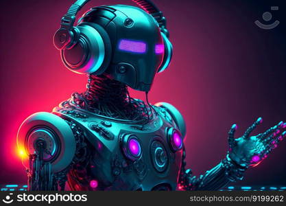 Robot disc jockey at the dj mixer and turntable plays nightclub during party. EDM entertainment party concept. Neural network AI generated art. Robot disc jockey at the dj mixer and turntable plays nightclub during party. EDM entertainment party concept. Neural network generated art