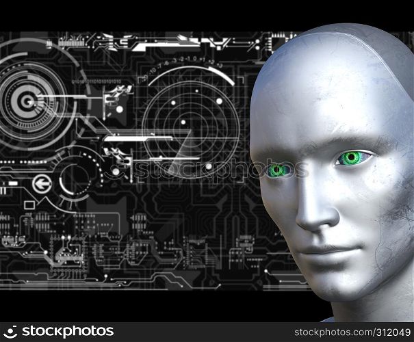 Robot face with electronic circuits background- 3d rendering. Robot face with electronic circuits background