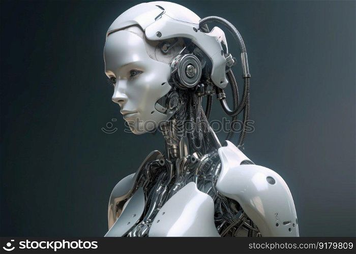 Robot female head. Metal science. Generate Ai. Robot female head. Generate Ai