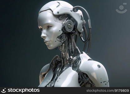 Robot female head. Metal science. Generate Ai. Robot female head. Generate Ai