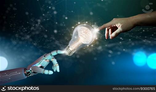 Robot hand and Human hand pointing Light bulbs with Brain inside and Low poly wireframe outside. Creative and innovation inspiration. Business Bright idea, and Artificial Intelligence solution concept.