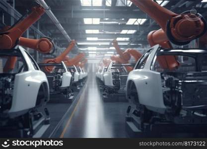 Robot hand assembly car. Factory production. Generate Ai. Robot hand assembly car. Generate Ai