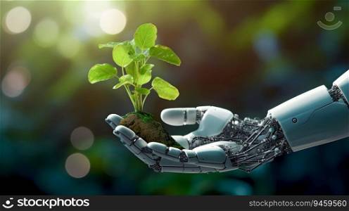 Robot hand holding a plant with soil. Ecology, Save the environment, save a clean planet. Technology science of environment concept for the development of sustainability. Generative Ai.