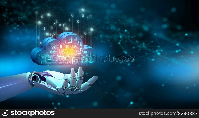 Robot hand holding Cloud computing technology internet storage network. Cloud service, Cloud technology, and Cloud storage Concept.