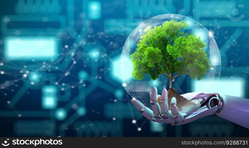 Robot hand holding growing tree with wireframe globe. Network connection and Circuit Converging point background. Green IT, Nature Technology interaction, and Ecology concept. 