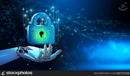 Robot hand holding Padlock with Keyhole. Cyber data and information privacy. Future technology security, Network protection, and Modern safety digital Concept.