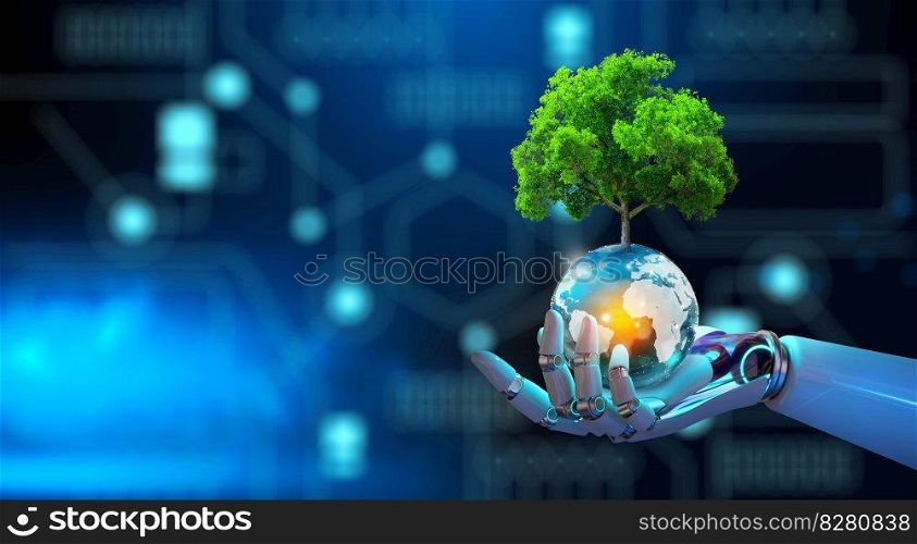 Robot hand holding Tree on crystal globe with technological convergence blue background. Green computing, csr, IT ethics, Nature technology interaction, and Environmental friendly.