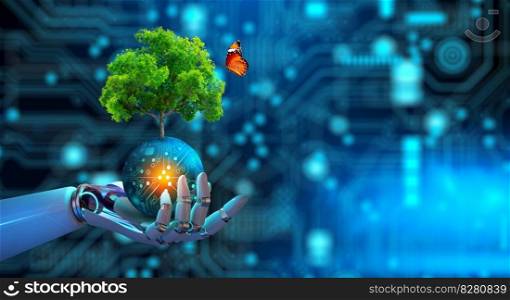 Robot hand holding Tree on digital ball with technological convergence blue background. Green computing, csr, IT ethics, Nature technology interaction, and Environmental friendly.
