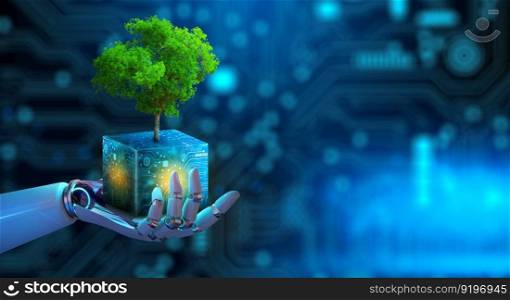 Robot hand holding Tree on digital cube with technological convergence blue background. Green computing, csr, IT ethics, Nature technology interaction, and Environmental friendly.
