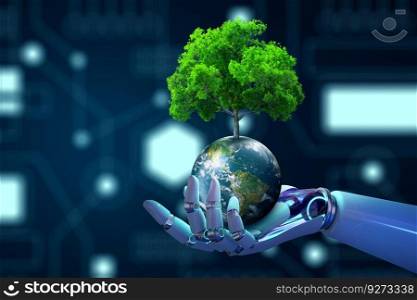 Robot hand holding Tree on Earth with technological convergence blue background.Green computing, csr, IT ethics, Nature technology interaction, and Environmental friendly. Elements furnished by NASA.