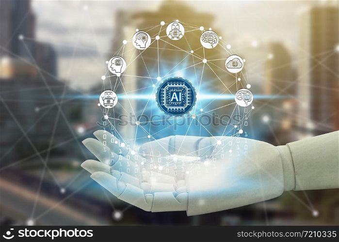 Robot hand holding with virtual screen Artificial Intelligence technology icon over the Network connection, Artificial Intelligence Technology Concept
