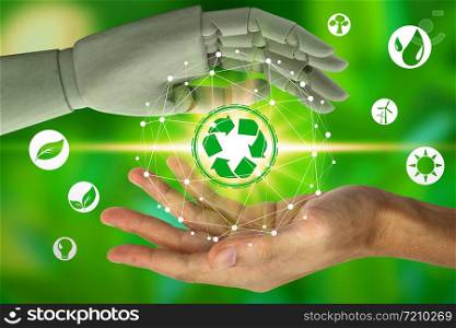 Robot hand protect and human hand holding with virtual environment icons over the network connection on nature background, Artificial Intelligence and Technology ecology concept