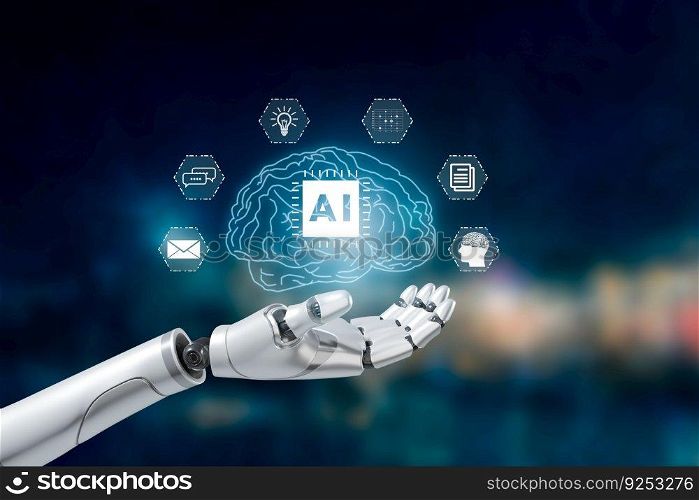 Robot hand touch brain virtual screen creating artificial intelligence AI in a digital technology 3D rendering.