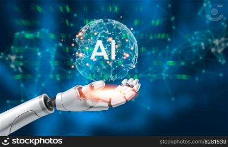 robot hand touching digital world and virtual graphic interface and artificial intelligence AI, Machine learning, big data network connection 3D rendering.
