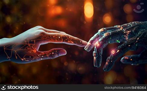 Robot hand touching human hand on abstract dark background 3D rendering