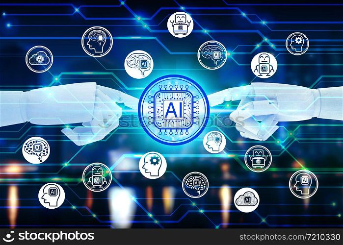 Robot hand touching virtual screen Artificial Intelligence technology icon over the Network connection, Artificial Intelligence Technology Concept