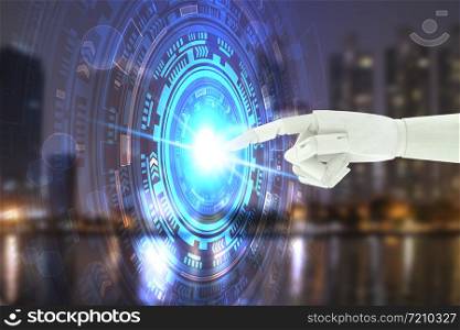 Robot hand touching virtual screen technology, Artificial Intelligence Technology Concept