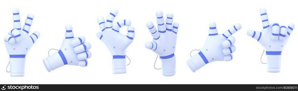 Robot hands 3d render, chatbot palms gestures and body language symbols victory, thumb up, ok, rock signs. Futuristic blue and white arms with wires isolated Illustration in cartoon plastic style. Robot hands 3d render, chatbot palms gestures set