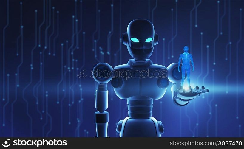 Robot holding human in virtual display, Artificial intelligence . Robot holding human in virtual display, Artificial intelligence in futuristic technology concept. 3d illustration. Robot holding human in virtual display, Artificial intelligence in futuristic technology concept. 3d illustration