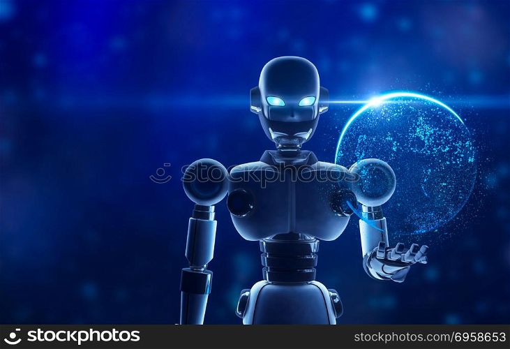 Robot holding the planet earth in virtual display, futuristic te. Robot holding the planet earth in virtual display, futuristic technology concept, 3d illustration. Robot holding the planet earth in virtual display, futuristic technology concept, 3d illustration