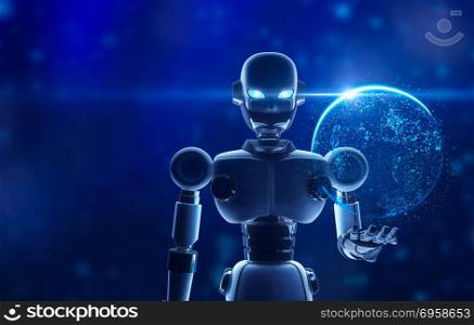 Robot holding the planet earth in virtual display, futuristic te. Robot holding the planet earth in virtual display, futuristic technology concept, 3d illustration. Robot holding the planet earth in virtual display, futuristic technology concept, 3d illustration