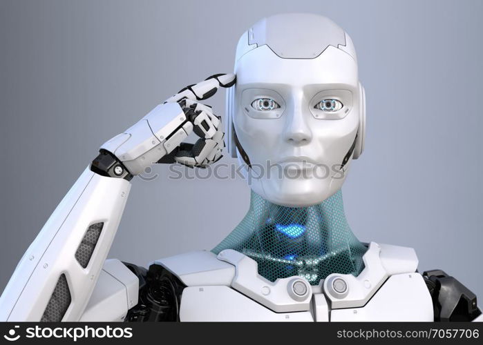 Robot holds a finger near the head. 3D illustration. Thinking robot