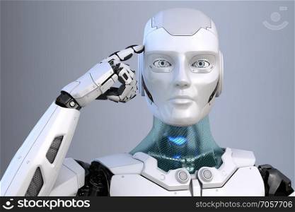 Robot holds a finger near the head. 3D illustration. Thinking robot