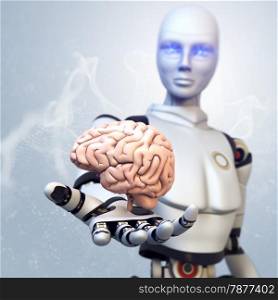 Robot holds a human brain in his hands