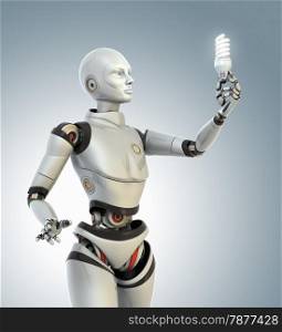 Robot holds an energy saving lamp in his hand