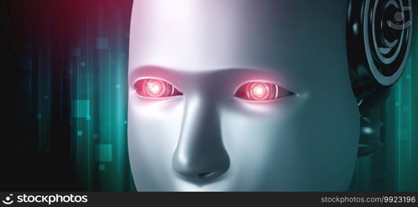 Robot humanoid face and eyes close up view 3D rendering. AI thinking brain, artificial intelligence and machine learning process for the 4th fourth industrial revolution.. Robot humanoid face and eyes close up view 3D rendering