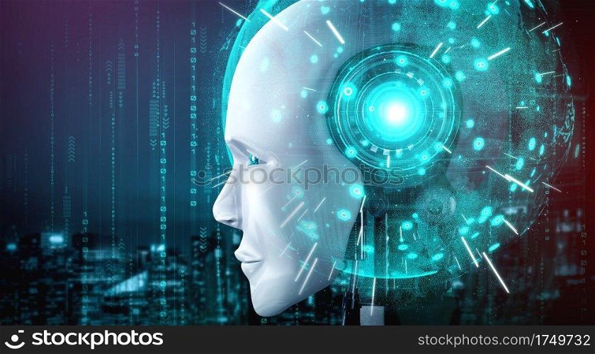 Robot humanoid face close up with graphic concept of AI thinking brain , artificial intelligence and machine learning process for the 4th fourth industrial revolution. 3D rendering. Robot humanoid face close up with graphic concept of AI thinking brain