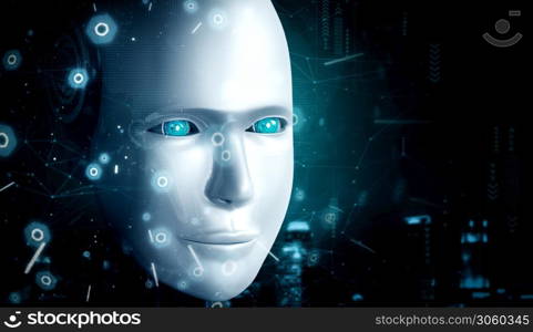 Robot humanoid face close up with graphic concept of AI thinking brain , artificial intelligence and machine learning process for the 4th fourth industrial revolution. 3D rendering