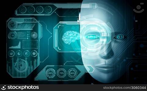 Robot humanoid face close up with graphic concept of big data analytic by AI thinking brain, artificial intelligence and machine learning process for the 4th fourth industrial revolution. 3D rendering
