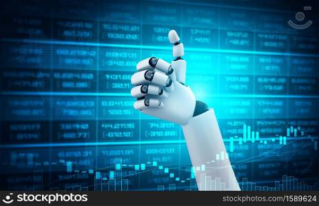 Robot humanoid hands up to celebrate money investment success achieved by using AI artificial intelligence thinking and machine learning process for financial technology. 3D illustration.