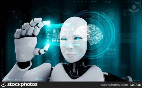 Robot humanoid hold HUD hologram screen in concept of AI thinking brain, artificial intelligence and machine learning process for the 4th fourth industrial revolution. 3D illustration.. Robot humanoid hold HUD hologram screen in concept of AI thinking brain