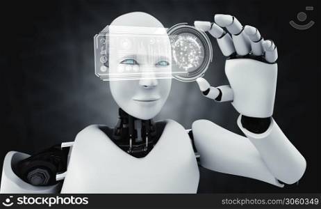 Robot humanoid hold HUD hologram screen in concept of AI thinking brain, artificial intelligence and machine learning process for the 4th fourth industrial revolution. 3D illustration.