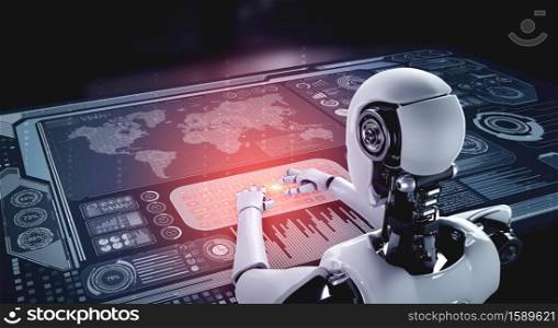 Robot humanoid use laptop and sit at table for global network connection using AI thinking brain , artificial intelligence and machine learning process for 4th industrial revolution . 3D illustration.
