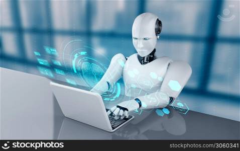 Robot humanoid use laptop and sit at table in concept of AI thinking brain , artificial intelligence and machine learning process for the 4th fourth industrial revolution . 3D illustration.