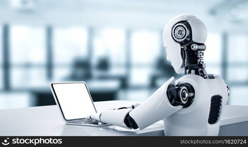 Robot humanoid use laptop and sit at table in future office while using AI thinking brain , artificial intelligence and machine learning process . 4th fourth industrial revolution 3D illustration.. Robot humanoid use laptop and sit at table in future office