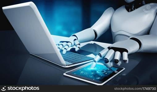 Robot humanoid use laptop and sit at table in future office while using AI thinking brain , artificial intelligence and machine learning process . 4th fourth industrial revolution 3D illustration.. Robot humanoid use laptop and sit at table in future office