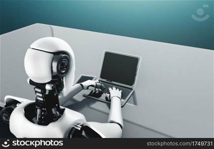 Robot humanoid use laptop and sit at table in future office while using AI thinking brain , artificial intelligence and machine learning process . 4th fourth industrial revolution 3D illustration.. Robot humanoid use laptop and sit at table in future office