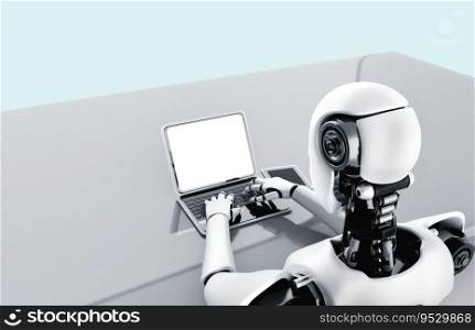 Robot humanoid use laptop and sit at table in future office while using AI thinking brain , artificial intelligence and machine learning process . 4th fourth industrial revolution 3D illustration.