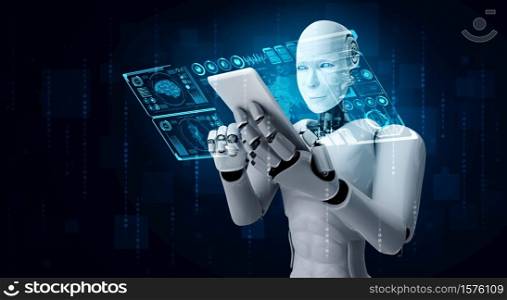 Robot humanoid use mobile phone or tablet for big data analytic using AI thinking brain , artificial intelligence and machine learning process for the 4th fourth industrial revolution . 3D rendering.